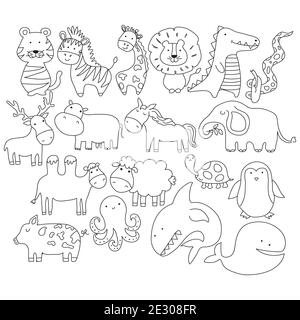 Dessin animé vectoriel grand ensemble d'animaux adorables en forme de doodle. Parfait pour une carte postale, un anniversaire, un livre de bébé, une chambre pour enfants Illustration de Vecteur