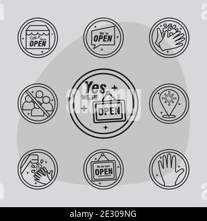 un lot de neuf étiquettes de réouverture définit des icônes de style de ligne dans arrière-plan gris Illustration de Vecteur
