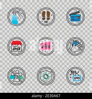 ensemble de neuf étiquettes de réouverture autocollants de style demi-ligne icônes Illustration de Vecteur