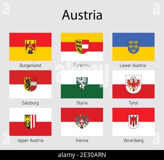 Set Flags of the States of Austria, toutes les régions autrichiennes collection de drapeaux Illustration de Vecteur