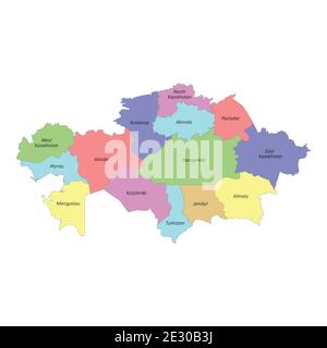 Carte colorée de haute qualité étiquetée du Kazakhstan avec frontières de les régions Illustration de Vecteur