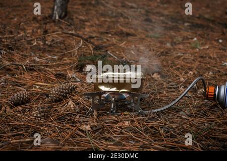 Brûleur à gaz touristique pour chauffer les aliments. Ouvrir le gros plan du feu. Petit brûleur portable en métal dans la forêt sur litière de conifères. Le concept de randonnée, touris Banque D'Images