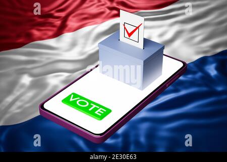 illustration 3d d'une boîte de vote avec un panneau d'affichage sur un smartphone, avec le drapeau national des pays-Bas en arrière-plan. Conc. Vote en ligne Banque D'Images