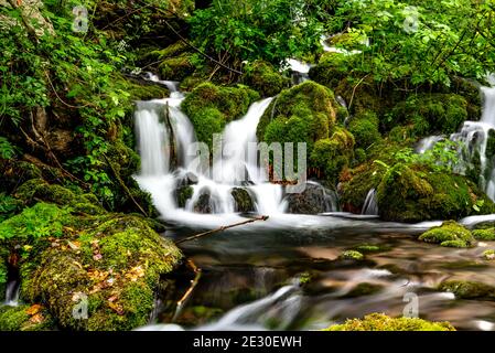 Belle cascade de Vrelo dans le Perucac, parc national de Tara, Serbie. Pierres et rochers recouverts de mousse verte. Eau propre et froide. Banque D'Images