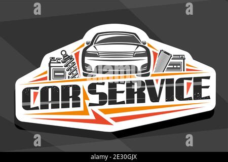 Logo vectoriel pour service de voiture, panneau décoratif avec illustration de voiture de sport, bidon de gallon, amortisseur professionnel, filtre à air et batterie, si Illustration de Vecteur