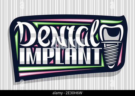 Logo Vector pour la clinique d'implant dentaire, concept sombre avec illustration de la dent humaine avec vis, panneau décoratif pour la clinique professionnelle de prothèse dentaire Illustration de Vecteur