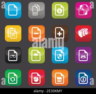 Icône documents définie pour les sites Web et l'interface utilisateur. Boutons colorés sur fond sombre Illustration de Vecteur