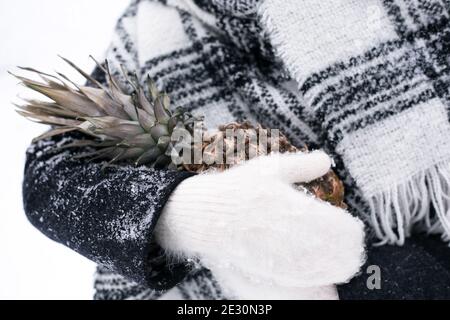 Une fille en moufles tient l'ananas en hiver Banque D'Images