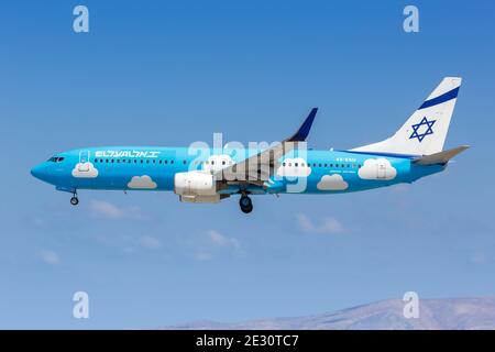 Héraklion, Grèce - 15 septembre 2018 : avion El al Boeing 737-800 à l'aéroport d'Héraklion (HER) en Grèce. Boeing est un fabricant d'avions américain Banque D'Images