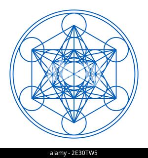 Cube Metatrons encadré en deux cercles. Symbole mystique, dérivé de la fleur de la vie. Treize cercles sont reliés par des lignes droites. Banque D'Images