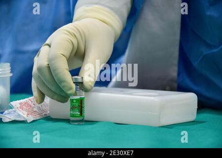 Srinagar, Inde. 16 janvier 2021. Une infirmière est titulaire d'un flacon de vaccin contre le coronavirus Covishield développé par l'université d'Oxford et AstraZeneca PLC et produit par le Serum Institute of India, dans un hôpital gouvernemental. Après un an après le début de la pandémie du coronavirus, qui a fait plus de 150.000 morts en Inde, le Premier ministre Narendra Modi a lancé aujourd'hui une campagne nationale de vaccination contre Covid-19. Crédit : SOPA Images Limited/Alamy Live News Banque D'Images