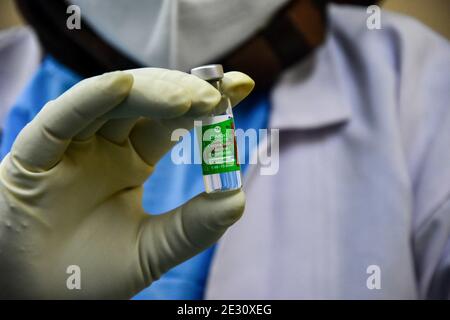 Srinagar, Inde. 16 janvier 2021. Une infirmière est titulaire d'un flacon de vaccin contre le coronavirus Covishield développé par l'université d'Oxford et AstraZeneca PLC et produit par le Serum Institute of India, dans un hôpital gouvernemental. Après un an après le début de la pandémie du coronavirus, qui a fait plus de 150.000 morts en Inde, le Premier ministre Narendra Modi a lancé aujourd'hui une campagne nationale de vaccination contre Covid-19. Crédit : SOPA Images Limited/Alamy Live News Banque D'Images