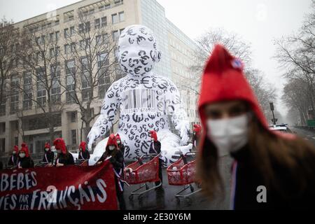 Des manifestants portant une casquette de Phrygian et poussant une voiturette avec des poupées-bébés à côté d'un ballon géant pour bébé tenant une bannière non la fabrication de bébés payés par des citoyens français lors d'une manifestation appelée par la manif pour tous les militants conservateurs pro-vie groupe 'la Manif pour tous' contre la bioéthique projet de loi sur la procréation médicalement assistée (PMA - procréation médicalement Assistee) à côté du ministre de la Santé, à Paris, en France, le 16 2021 janvier. Photo de Raphael Lafargue/ABACAPRESS.COM Banque D'Images