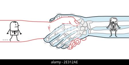 Dessin main de dessin de dessin de dessin de l'homme et de squelette marchant dans un grand Poignée de main Illustration de Vecteur