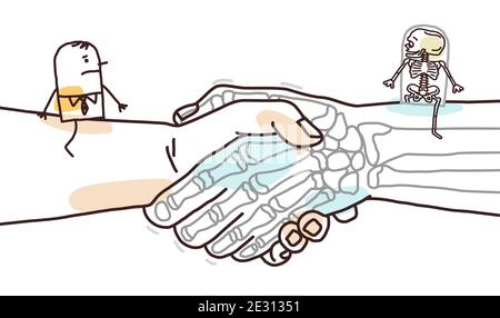Dessin main de l'homme de dessin animé et squelette assis sur un grand Poignée de main Illustration de Vecteur