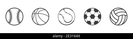 Balles de sport ligne plate. Baseball, basket-ball, tennis ball, football ball, volley-ball. Ensemble d'icônes vectorielles isolées sur fond blanc Illustration de Vecteur