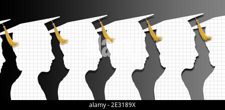 Cérémonie de remise des diplômes. Bustes femelles et capuchon de graduation, pampille. Une éducation réussie en classe Hight. Rendu 3D en noir et blanc Banque D'Images