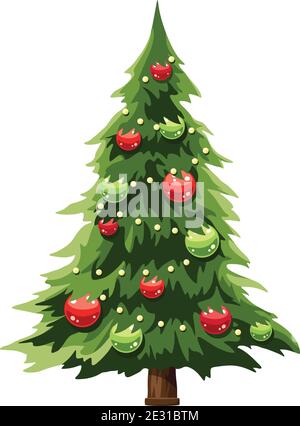 Arbre de Noël vectoriel décoré de boules rouges et vertes isolées sur un fond blanc. Illustration de Vecteur