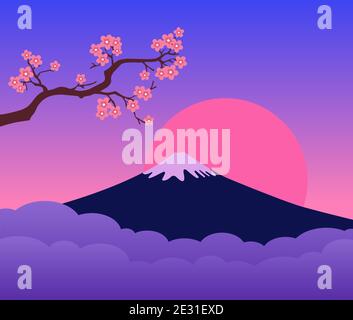 Mont Fuji Japon Sunset et Cherry Blossoms Branch. Paysage coloré. Symbole du Japon. Illustration de Vecteur