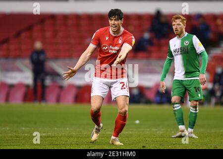 NOTTINGHAM, ANGLETERRE. JAN 16TH Scott McKenna (26) de Nottingham Forest gestes pour le ballon pendant le match de championnat Sky Bet entre Nottingham Forest et Millwall au City Ground, Nottingham, le samedi 16 janvier 2021. (Credit: Jon Hobley | MI News) Credit: MI News & Sport /Alay Live News Banque D'Images