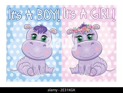 Deux mignons dessins animés avec de beaux yeux parmi les fleurs, les coeurs, un garçon et une fille. Carte d'invitation de douche de bébé. Illustration de Vecteur