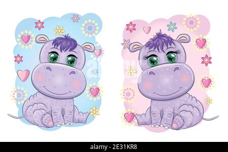 Deux mignons dessins animés avec de beaux yeux parmi les fleurs, les coeurs, un garçon et une fille. Carte d'invitation de douche de bébé. Illustration de Vecteur