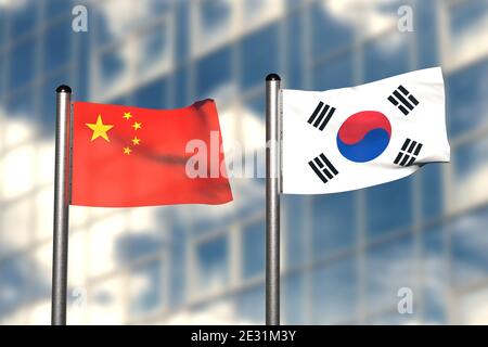 Rendu 3d d'un drapeau de la Chine et de la Corée du Sud, devant un fond flou, avec un mât en acier Banque D'Images