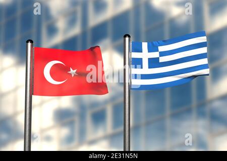 Rendu 3d d'un drapeau de Tukey et de Grèce, devant un fond flou, avec un mât en acier Banque D'Images
