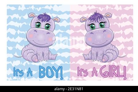 Deux mignons dessins animés avec de beaux yeux parmi les fleurs, les coeurs, un garçon et une fille. Carte d'invitation de douche de bébé. Illustration de Vecteur