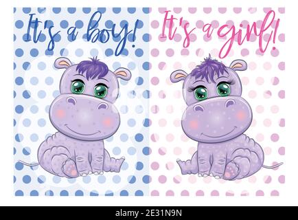 Deux mignons dessins animés avec de beaux yeux parmi les fleurs, les coeurs, un garçon et une fille. Carte d'invitation de douche de bébé. Illustration de Vecteur