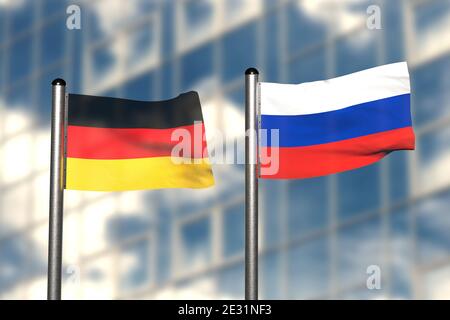 Rendu 3d d'un drapeau de l'Allemagne et de la Russie, devant un arrière-plan flou, avec un mât en acier Banque D'Images