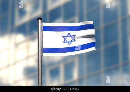 rendu 3d d'un drapeau d'Israël, devant un arrière-plan flou, avec un mât en acier Banque D'Images