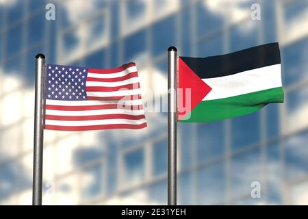 Rendu 3d d'un drapeau des Etats-Unis et de la Palestine, devant un arrière-plan flou, avec un mât en acier Banque D'Images