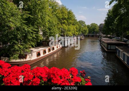 Maison Barges sur un canal à Amsterdam, aux pays-Bas, dans le temps ensoleillé d'été. Banque D'Images