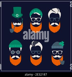 Ensemble de personnages de la Saint Patrick avec chapeau vert, barbe rouge, pipe à fumer et lunettes Illustration de Vecteur