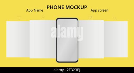 Tige d'interface du carrousel Mockup sur fond jaune tendance. Modèle d'affichage de l'interface utilisateur de l'application Web. Écrans et icônes des applications. Téléphone avec écran vide. Vecteur Illustration de Vecteur