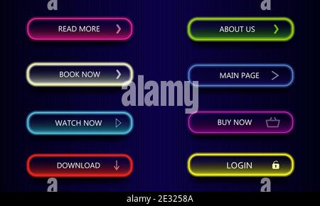 Boutons de magasin lumineux néon moderne sur fond dégradé foncé. Acheter maintenant, regarder maintenant, en savoir plus, télécharger et lire plus en néon. Illustration vectorielle Illustration de Vecteur