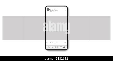 Publication de l'interface du carrousel sur le réseau social. Maquette de smartphone. Application mobile sur l'écran d'un téléphone réaliste. Vecteur sur fond blanc. Illustration de Vecteur