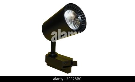 Éclairage sur rail isolé sur fond blanc, lumière en noir, luminaire LED. Banque D'Images