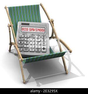 Grandes économies sur les vacances. Calculatrice électronique avec les mots DE GRANDES ÉCONOMIES! il est situé sur un transat. Le concept de voyage à bas prix. Illustration 3D Banque D'Images