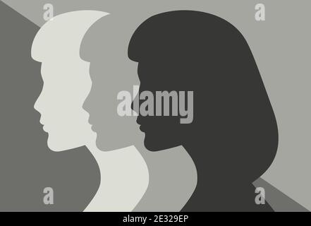 Trois femmes en silhouette. Vue latérale. Illustration vectorielle incolore Illustration de Vecteur