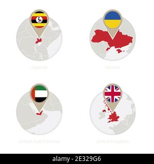 Ouganda, Ukraine, Émirats arabes Unis, Royaume-Uni carte et drapeau en cercle. Illustration vectorielle. Illustration de Vecteur