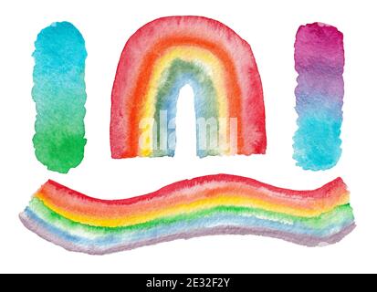 Ensemble d'éléments abstraits aquarelle arc-en-ciel isolés sur fond blanc. Rouge, orange, jaune, vert, bleu, violet. Dégradé. Banque D'Images