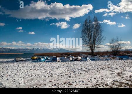 Le long de la rive du lac en hiver. Plantes et roseaux couverts de neige, bateaux rentournés par l'eau. Banque D'Images