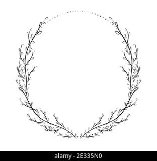 Cadre botanique. Fond floral. Leavse cadre dessiné à la main. Illustration délicate de couronne à fleurs. Dessin de ligne branches, plantes, herbes. Logo feuille. Papeterie d'invitation de mariage. Photo de haute qualité Banque D'Images