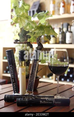Verres tubes appelés 'Wits' remplis de vin blanc, rose et rouge dans un verre à pied, dans la ville française de Bordeaux, au sud-ouest. Les tubes de puits, contenant 6 ou 10 cl de vin, ont été conçus par deux entrepreneurs de Bordeaux pour simplifier l'expédition des échantillons et pour donner la liberté de consomation pendant le camping, pic-nic et autres le 14 septembre 2010. Photo de Patrick Bernard/ABACAPRESS.COM Banque D'Images