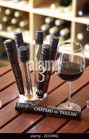 Verres tubes appelés 'Wits' remplis de vin blanc, rose et rouge dans un verre à pied, dans la ville française de Bordeaux, au sud-ouest. Les tubes de puits, contenant 6 ou 10 cl de vin, ont été conçus par deux entrepreneurs de Bordeaux pour simplifier l'expédition des échantillons et pour donner la liberté de consomation pendant le camping, pic-nic et autres le 14 septembre 2010. Photo de Patrick Bernard/ABACAPRESS.COM Banque D'Images