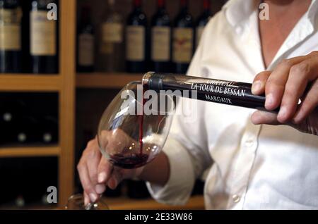 Verres tubes appelés 'Wits' remplis de vin blanc, rose et rouge dans un verre à pied, dans la ville française de Bordeaux, au sud-ouest. Les tubes de puits, contenant 6 ou 10 cl de vin, ont été conçus par deux entrepreneurs de Bordeaux pour simplifier l'expédition des échantillons et pour donner la liberté de consomation pendant le camping, pic-nic et autres le 14 septembre 2010. Photo de Patrick Bernard/ABACAPRESS.COM Banque D'Images