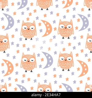 Joli motif sans couture, pour les textiles pour enfants, chambre pour enfants, vêtements, design. Hiboux, lune, étoiles, fond de lit dans des couleurs pastel dans un style plat. Illustration de Vecteur