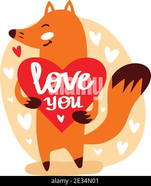 Un joli renard rouge tient le coeur avec le texte vous aime. Illustration vectorielle plate de style scandinave. Illustration de Vecteur